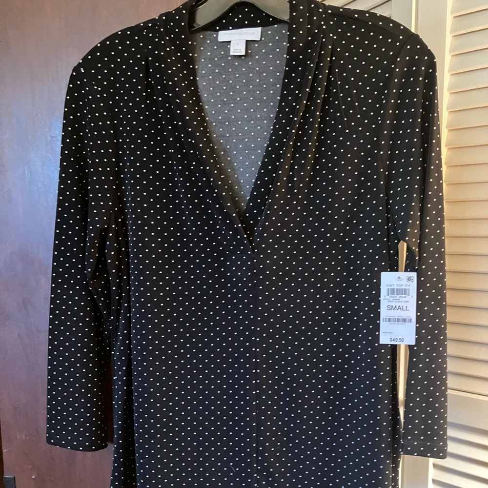 NWT Macy’s Black Swiss Polka Dot Blouse with Cowl Neck and 3/4 Sleeves